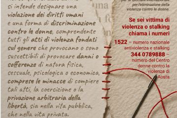 25 novembre giornata contro la violenza nei confronti delle donne - numero nazionale antiviolenza 1522 - numero del Centro donne contro la violenza di Aosta 344 0789888